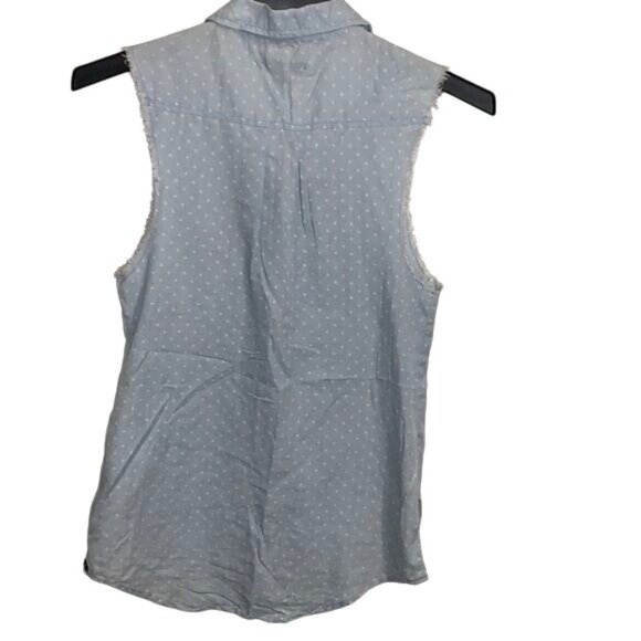 Sleeveless Polka Dot Button-Up Shirt By Lue Light Blue With Frayed Armholes M - Picture 8 of 10